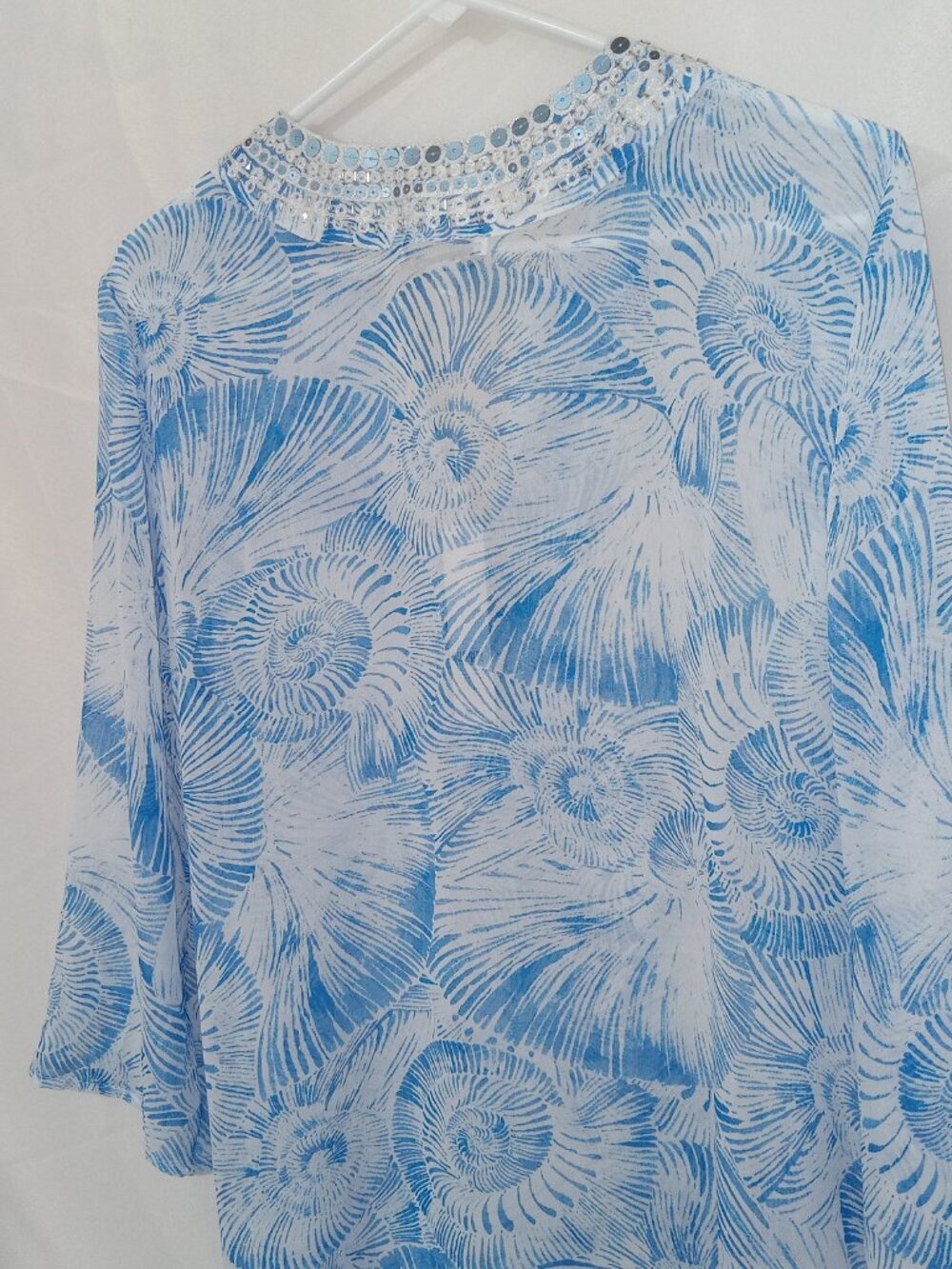 Chico’s Nautilus Swirl Georgette Tunic Top Blue Beaded Kurta 3/4 Sleeve Size L - Picture 7 of 13